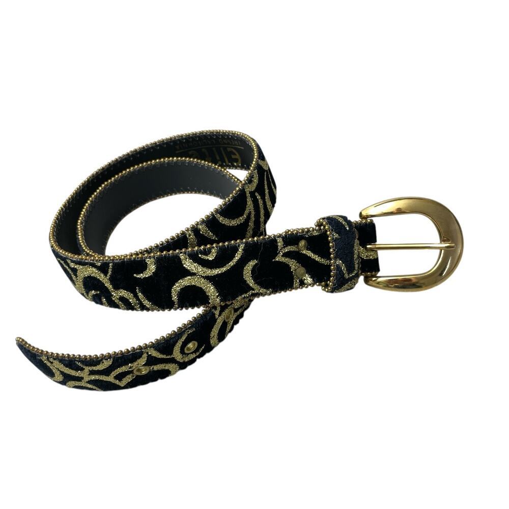 Vtg Elite Belt Womens L Velvet Gold Buckle 1.25in Metallic Chain Trim Floral